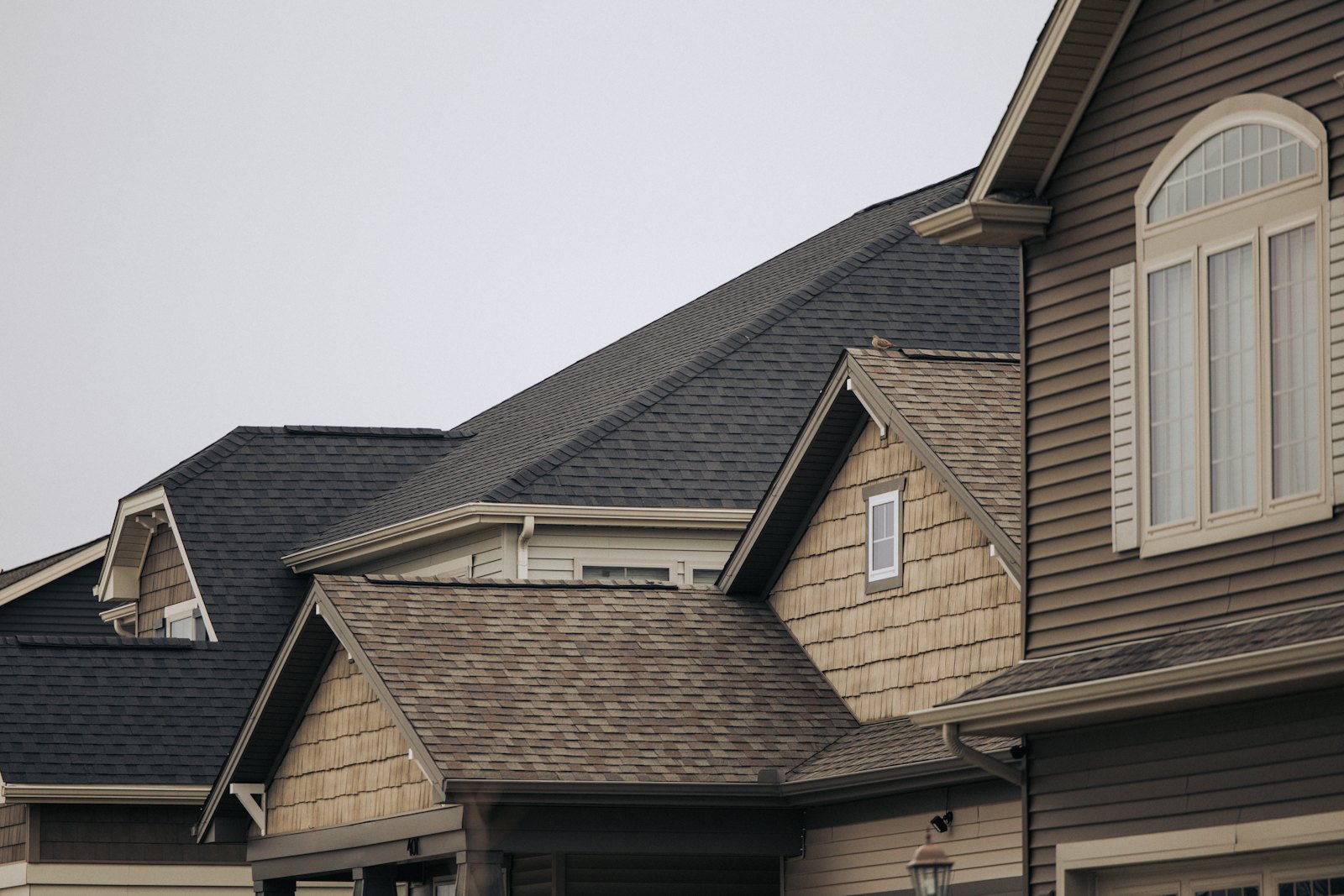 A row of houses with brown shingle roofs and white windows